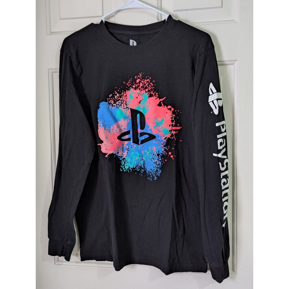 Sony Playstation T Shirt Mens Medium Black L/S Retro Video Game Neon Paint Splat